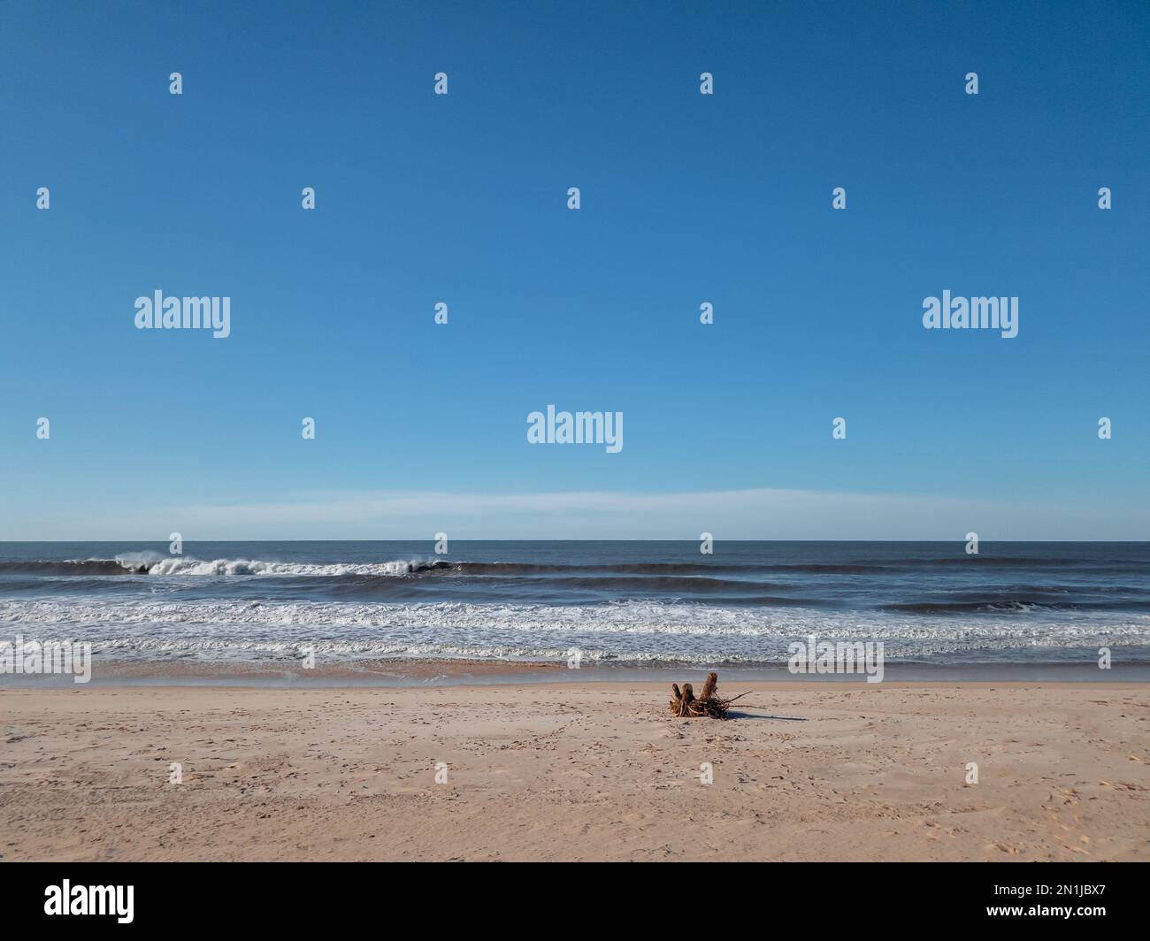 Ruhige Szene eines ruhigen, leeren Strands mit klarem wolkenlosem blauen Himmel und ruhigen Meereswellen und einem Stück Treibholz am Ufer. Strandhintergrund Stockfoto