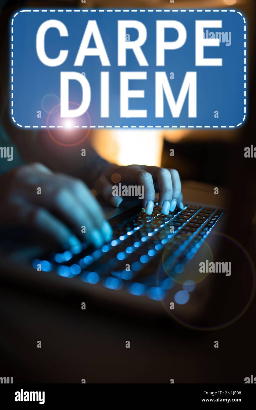 Schreiben mit Text Carpe Diem, Business Approach Public Festival, auf dem Menschen Musik und Tanz spielen Stockfoto