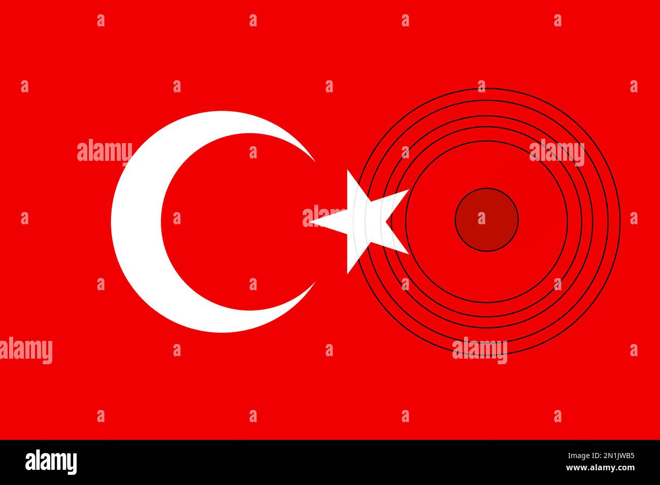Erdbeben In Der Türkei, 6. Februar 2023. Ein trauriges Banner. Das Epizentrum des Erdbebens in der Türkei. Bete für die Türkei. Hintergrund der türkischen Flagge Stockfoto