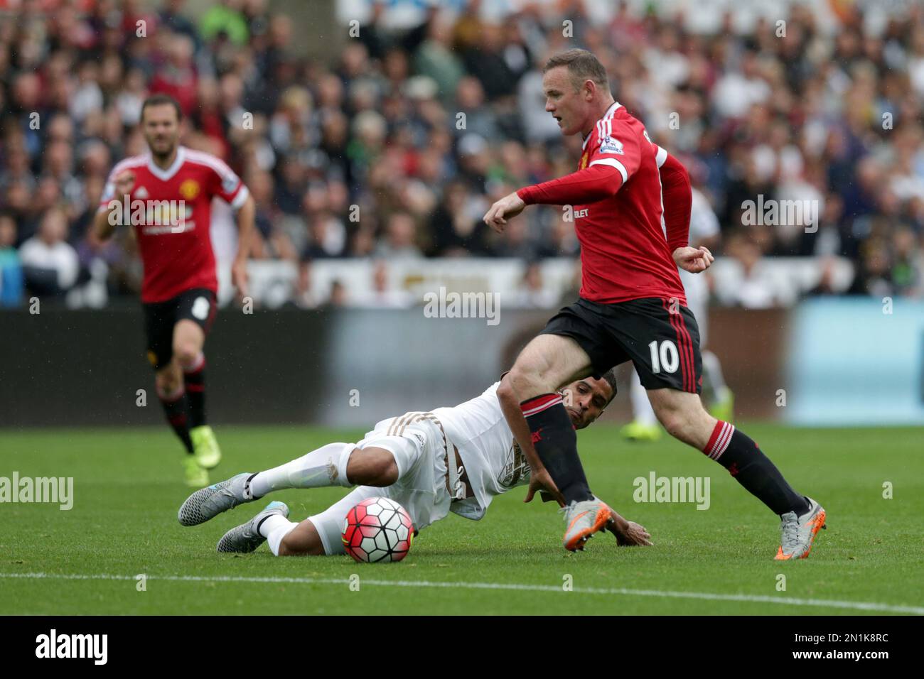 Swansea City's Kyle Naughton, left, competes for the ball with Manchester United's captain Wayne Rooney during the English Premier League soccer match between Swansea City and Manchester United at the Liberty Stadium in Swansea, Wales, Sunday, Aug. 30, 2015. (AP Photo/Matt Dunham) Stockfoto