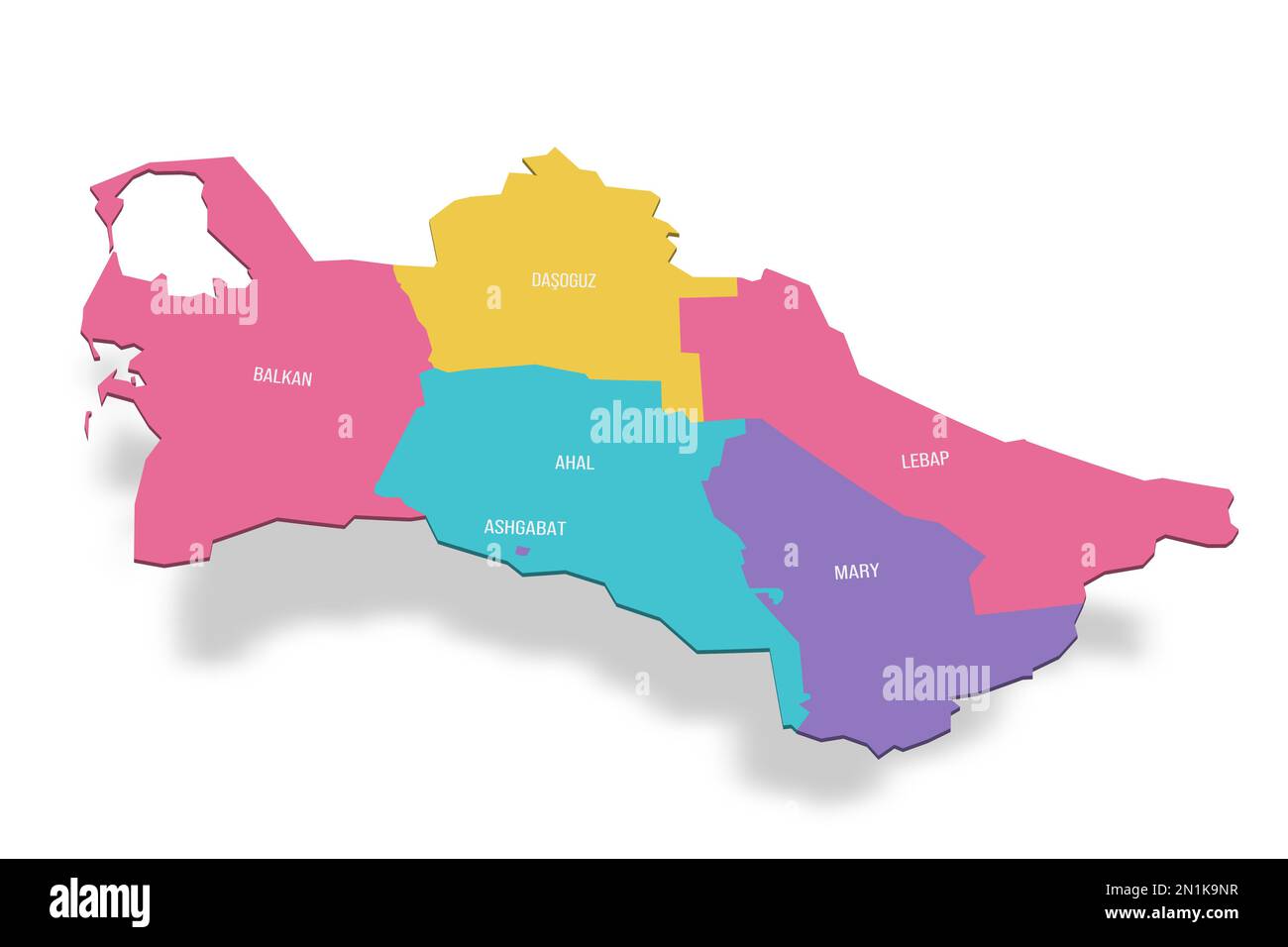 Turkmenistan politische Karte der Verwaltungsabteilungen - Regionen und Hauptstadtbezirk Aschgabat. Farbige 3D-Vektorkarte mit Namensbezeichnungen. Stock Vektor