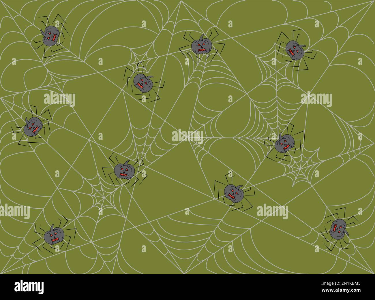 Halloween-Muster mit gruseligen Spinnen und Kürbissen auf grünem Hintergrund Stock Vektor