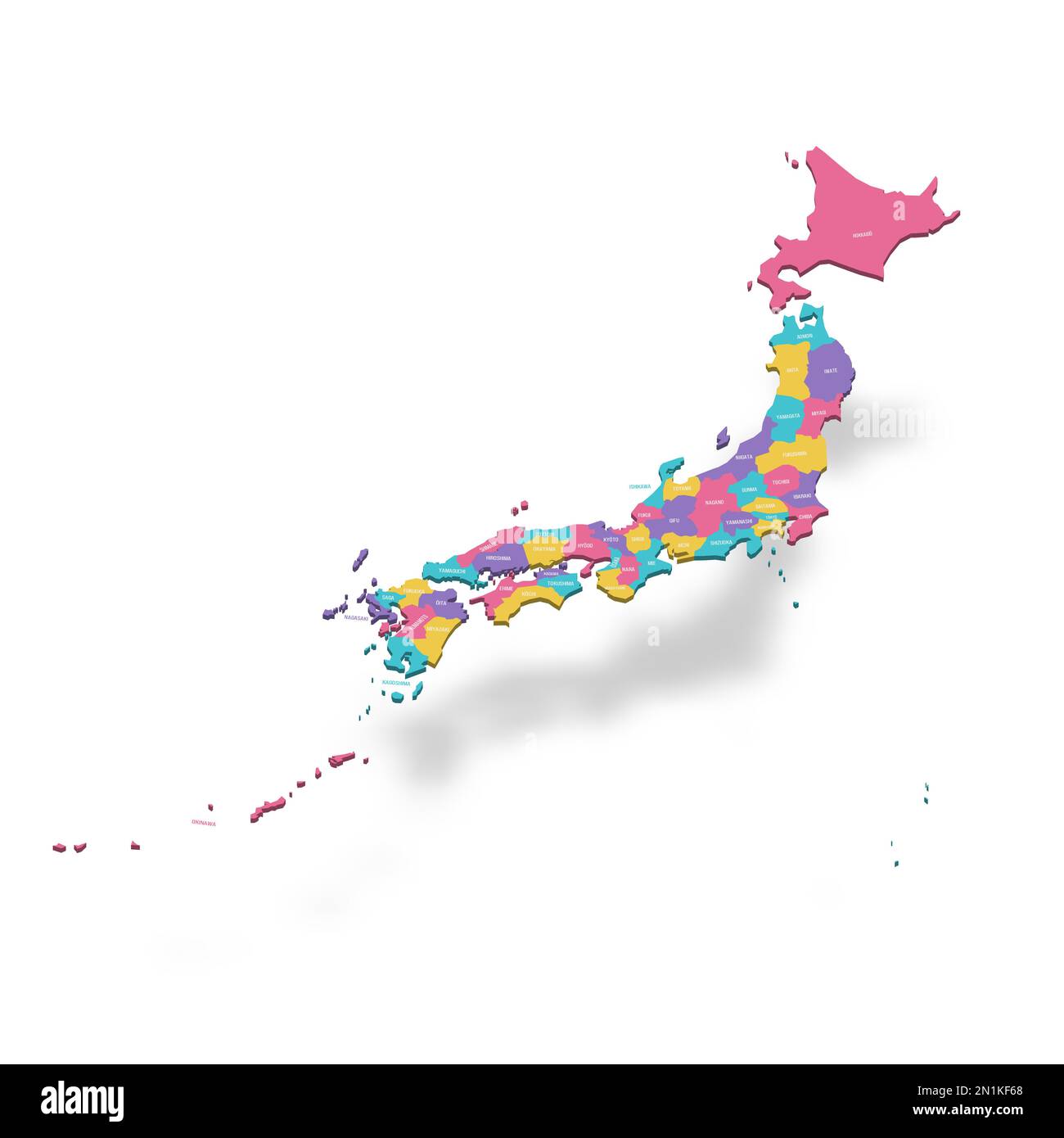 Politische Karte der Verwaltungseinheiten Japans - Präfekturen, Metropilis Tokio, Territorium Hokaido und städtische Präfekturen Kyoto und Osaka. Farbige 3D-Vektorkarte mit Namensbezeichnungen. Stock Vektor