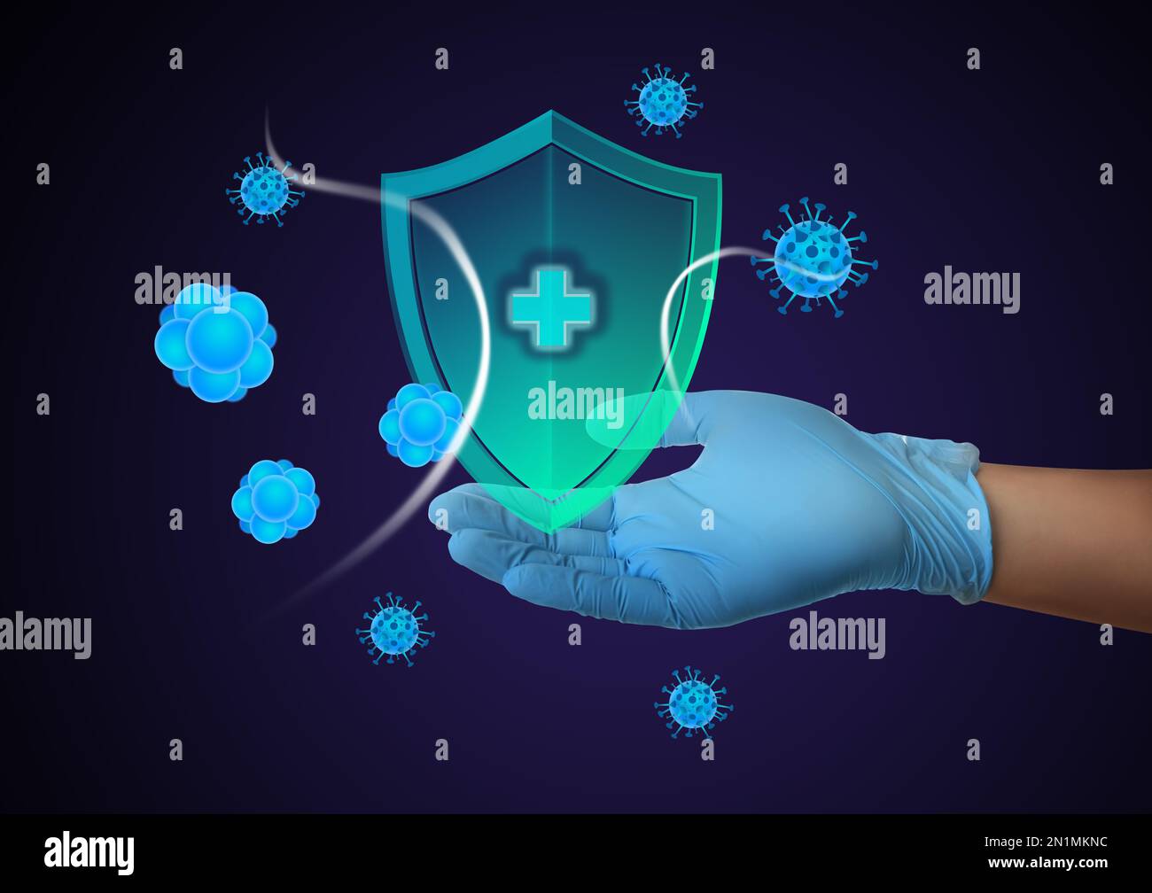 Immunologe und Schild mit Kreuz als Symbol des Virenschutzes auf blauem Hintergrund, Nahaufnahme Stockfoto