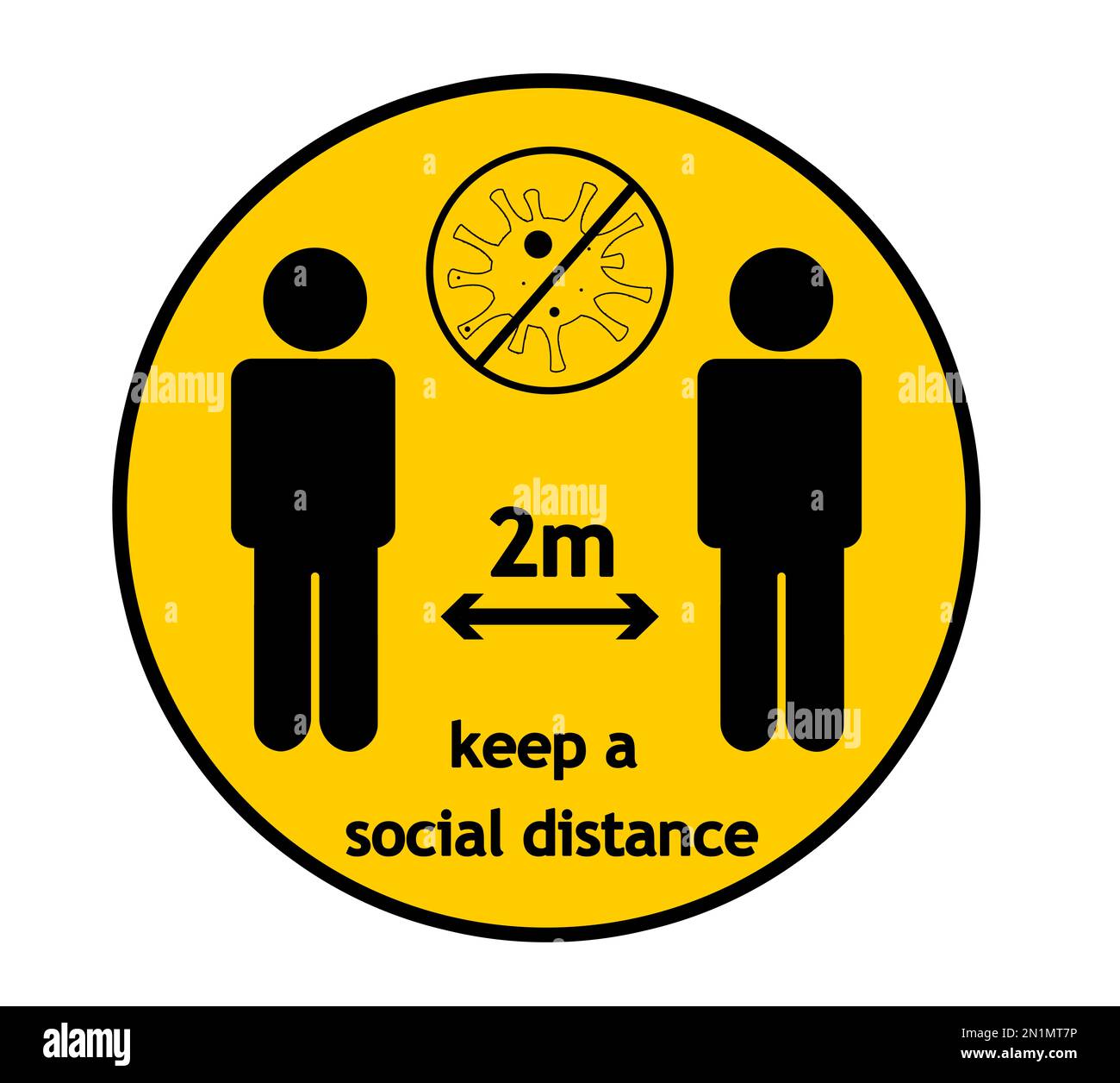 Abstand halten – gelbes rundes Schild, Illustration. Schutzmaßnahmen während der Coronavirus-Pandemie Stockfoto
