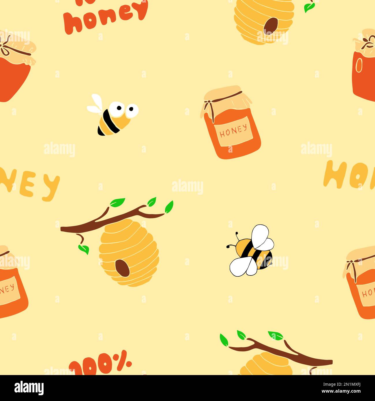 Nahtloses Honigmuster im Kritzelstil mit einer Biene, einem Honiglöffel, einem Bienenstock und einem Schriftzug Stock Vektor