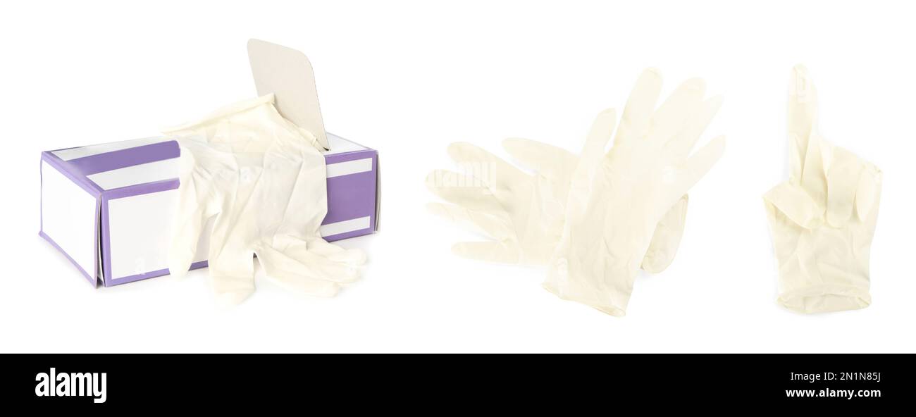 Satz medizinischer Handschuhe auf weißem Hintergrund. Bannerdesign Stockfoto
