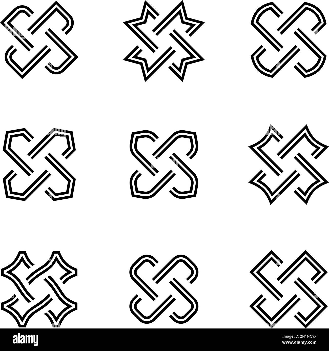 Satz von Logo-Labels für Visitenkarten. Komplexe Geometrische Zeitgenössische Elemente. Abstrakte zusammengeführte Figuren, isoliert auf weißem Hintergrund Stock Vektor