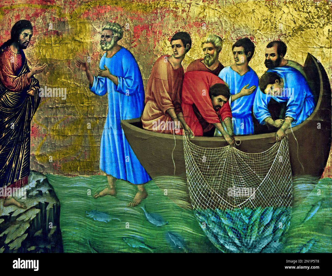 Duccio di Buoninsegna - Auftritt auf dem Tiberias-See aus dem 13. 14. Jahrhundert, Kunstmuseum, Italien, Italienisch, 1255–1318 Ich gehe zum Angeln aus“, sagte Simon Peter und sie sagten: „Wir gehen mit dir.“ Also gingen sie raus und stiegen ins Boot, aber in dieser Nacht fingen sie nichts. Am frühen Morgen stand Jesus am Ufer, aber die Jünger wussten nicht, dass es Jesus war. Er rief zu ihnen: "Freunde, habt ihr keine Fische? Stockfoto