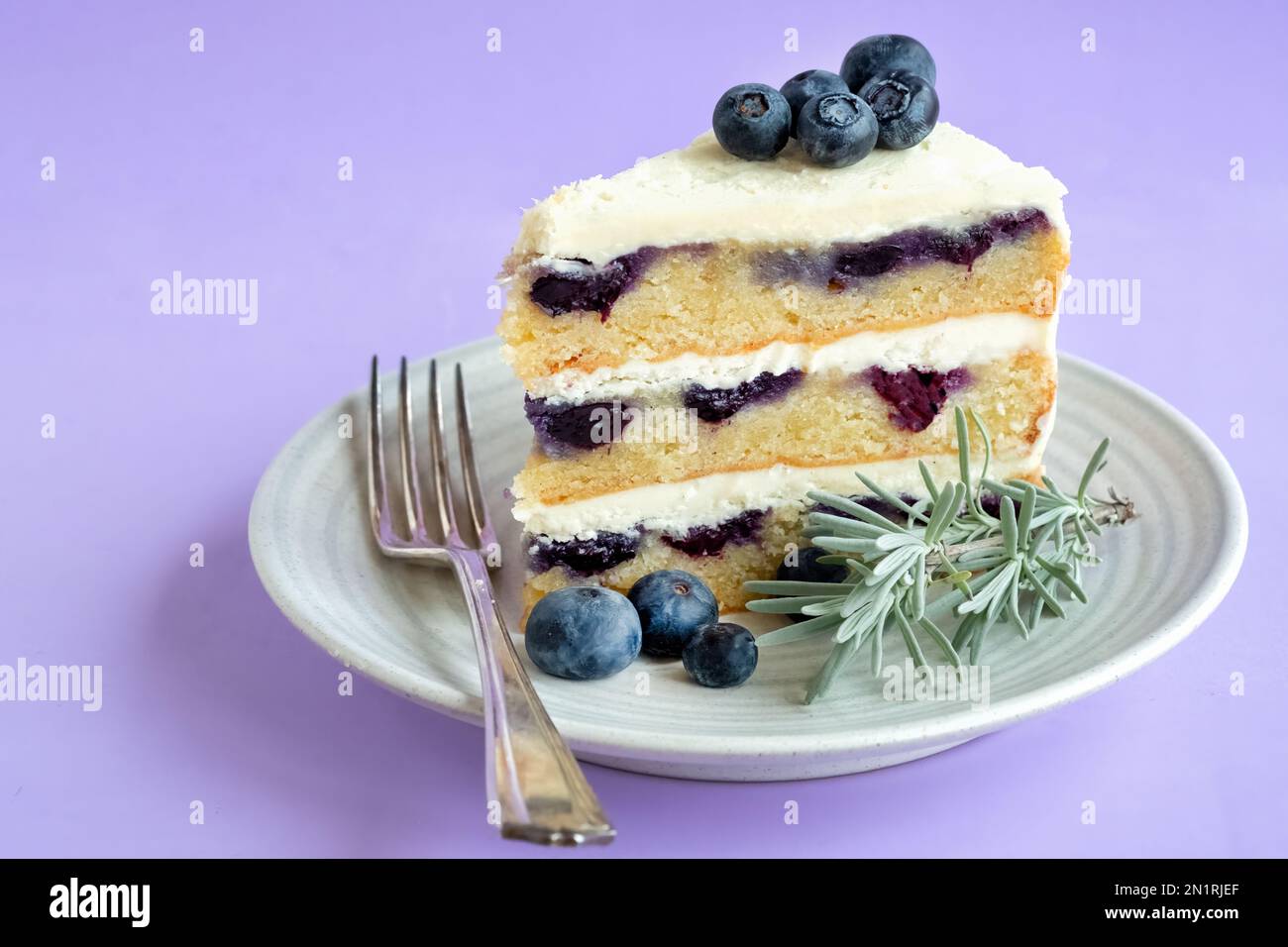 Eine Portion mit einer dreistufigen weißen Schokolade, Blaubeere und Lavendelkuchen. Ein Showstopper-Backen mit Frischkäse-Zuckerguss Stockfoto