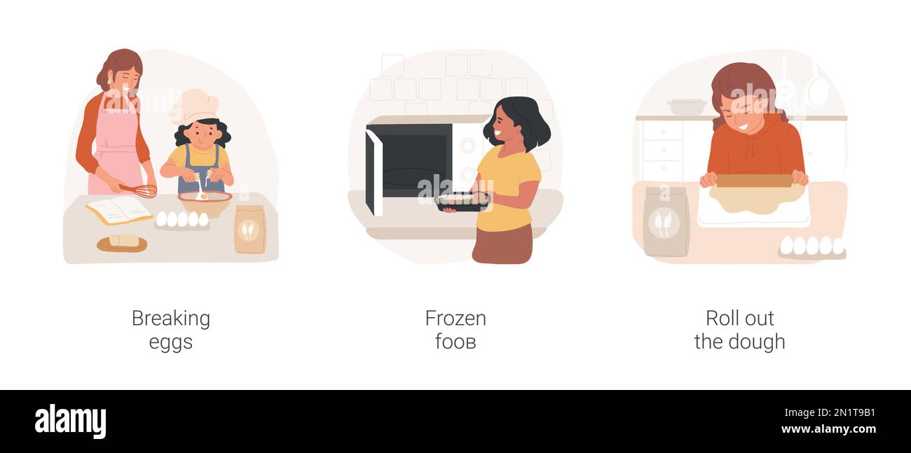 Heimkochen isolierter Cartoon-Vektor-Zeichnungsset. Kind bricht ein Ei in einer Schüssel, lernt Kochen mit mom, gefrorenes Fast Food, stellt einen Teller in die Mikrowelle, rollt den Teigvektor-Cartoon aus. Stock Vektor