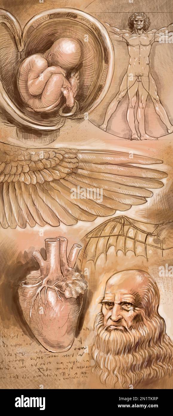 Kunstdarstellung Montage von Bildern, die das Leben und Werk von Leonardo da Vinci widerspiegeln, insbesondere seine anatomischen Studien, medizinischen Dissektionen, Forschung Stockfoto