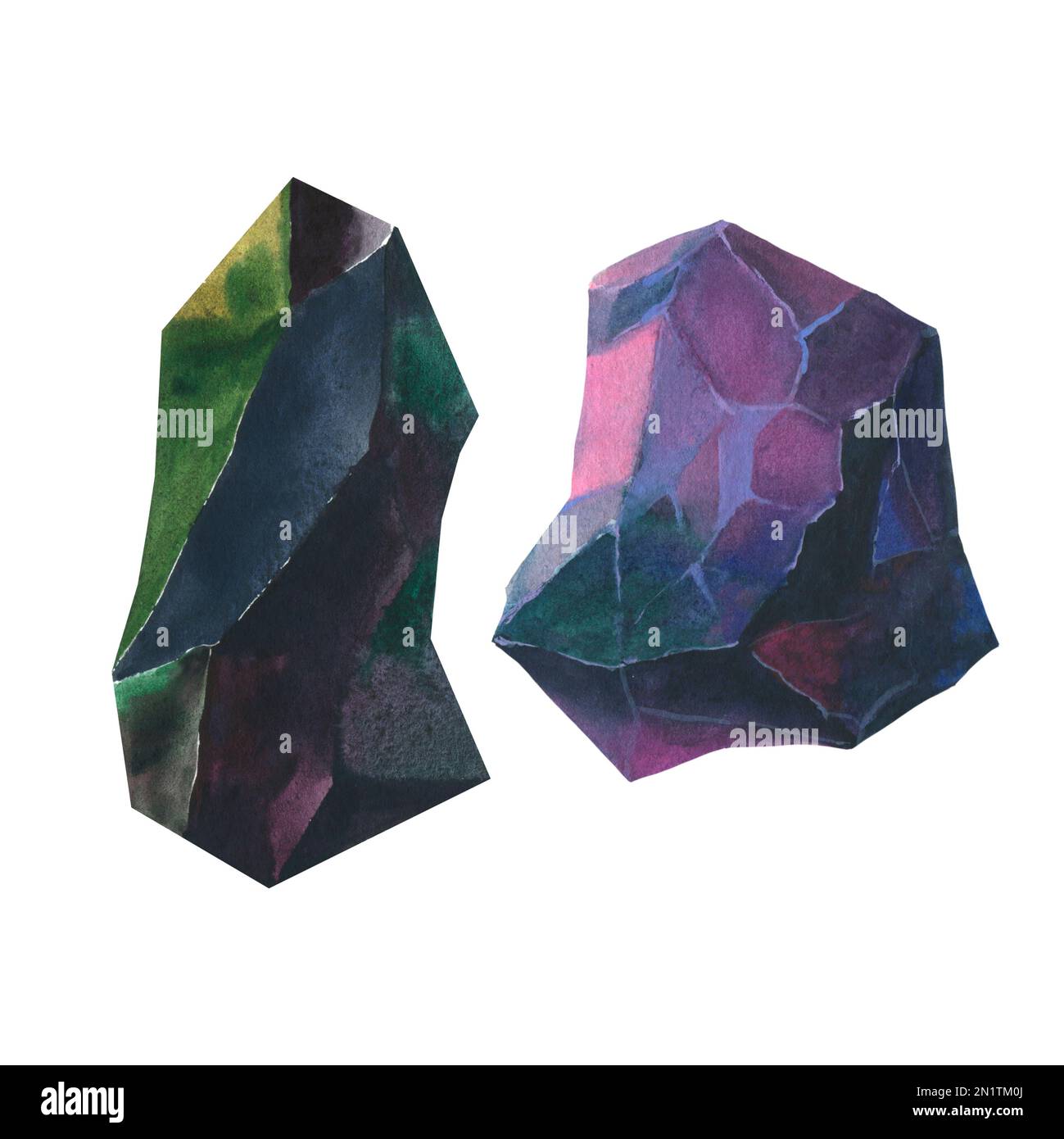 Schwarzer Obsidian. Aquarelle. Wurzelchakrasteine und Heilkristalle Stockfoto