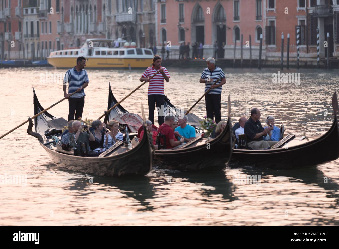 Italien, Venedig, eine Gruppe von Touristen auf Gondeln auf dem Grande Canal. Stockfoto