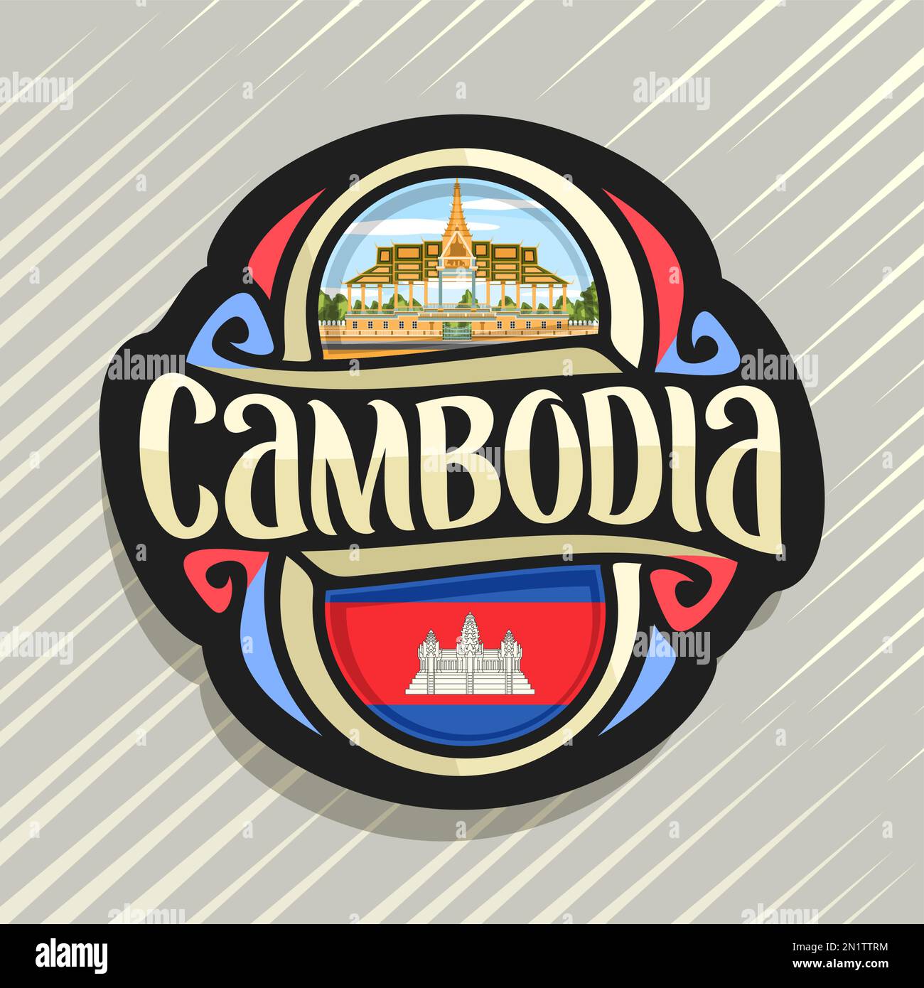 Vektor Logo für das Königreich Kambodscha, Kühlschrank Magnet mit kambodschanischen Staat Flagge, original brush Schrift für Wort Kambodscha und nationale kambodschanische Symbol Stock Vektor