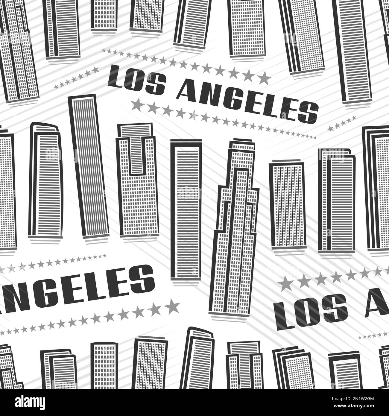 Vector Los Angeles Seamless Pattern, quadratischer Wiederholungshintergrund mit Illustration der berühmten Stadtlandschaft auf weißem Hintergrund für Geschenkpapier, Monochrom Stock Vektor