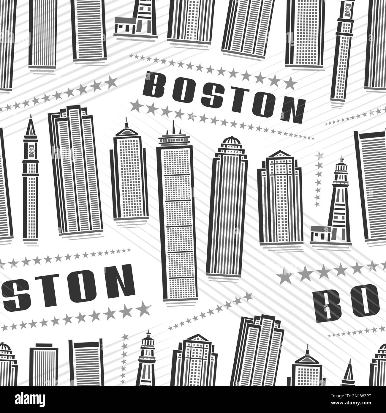 Vector Boston Seamless Pattern, quadratischer, sich wiederholender Hintergrund mit Illustration der berühmten stadt boston auf weißem Hintergrund für Geschenkpapier, Mono Stock Vektor