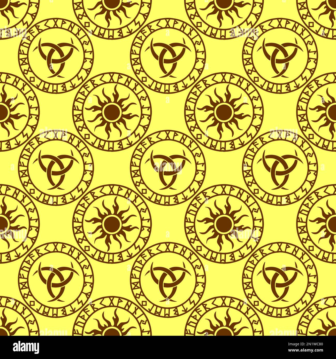 Nahtloses keltisches Muster aus braunen runden Elementen auf gelbem Hintergrund, Struktur, Design Stockfoto