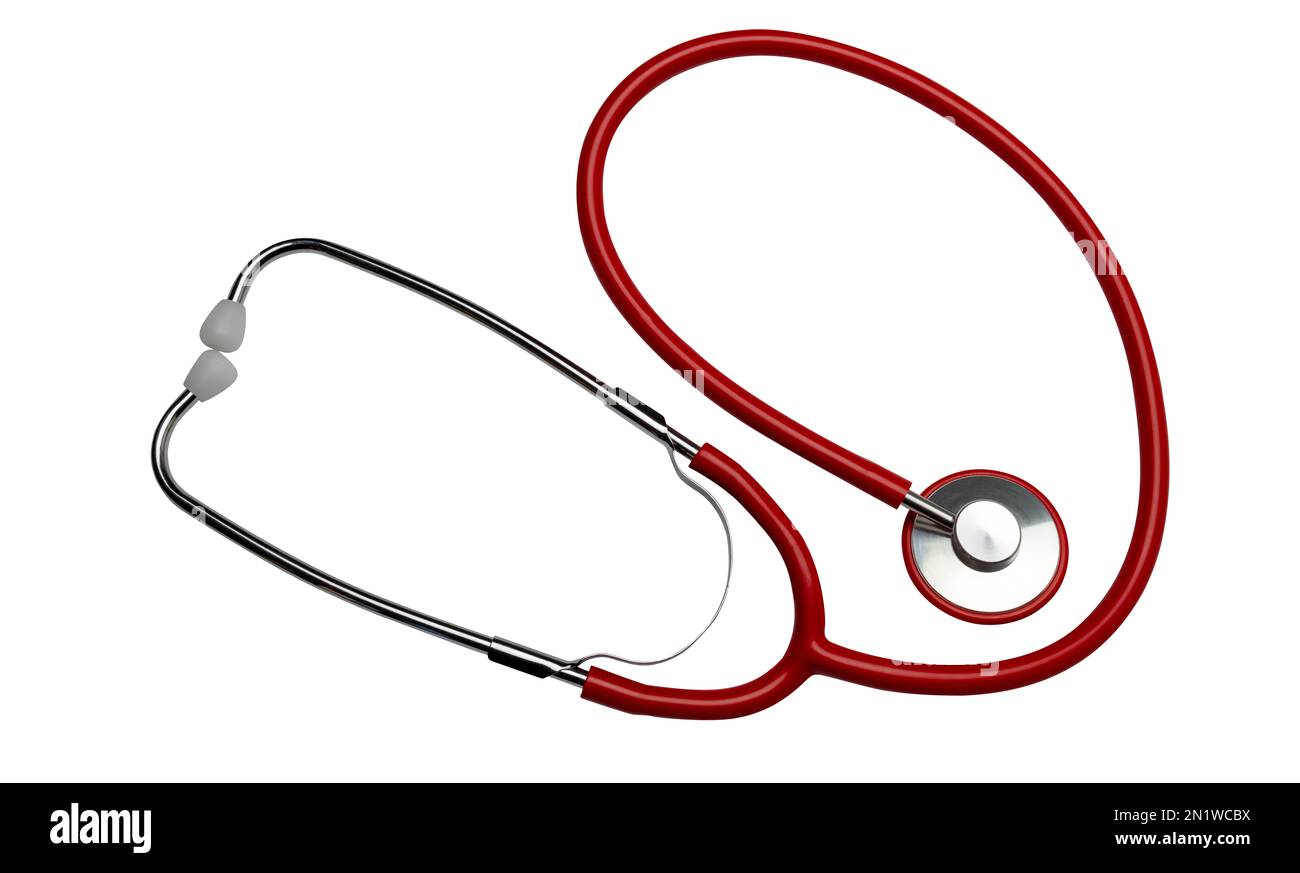Isoliertes Banner oder rotes Stethoskop, weißer Hintergrund. Medizinisches Gerät Stockfoto