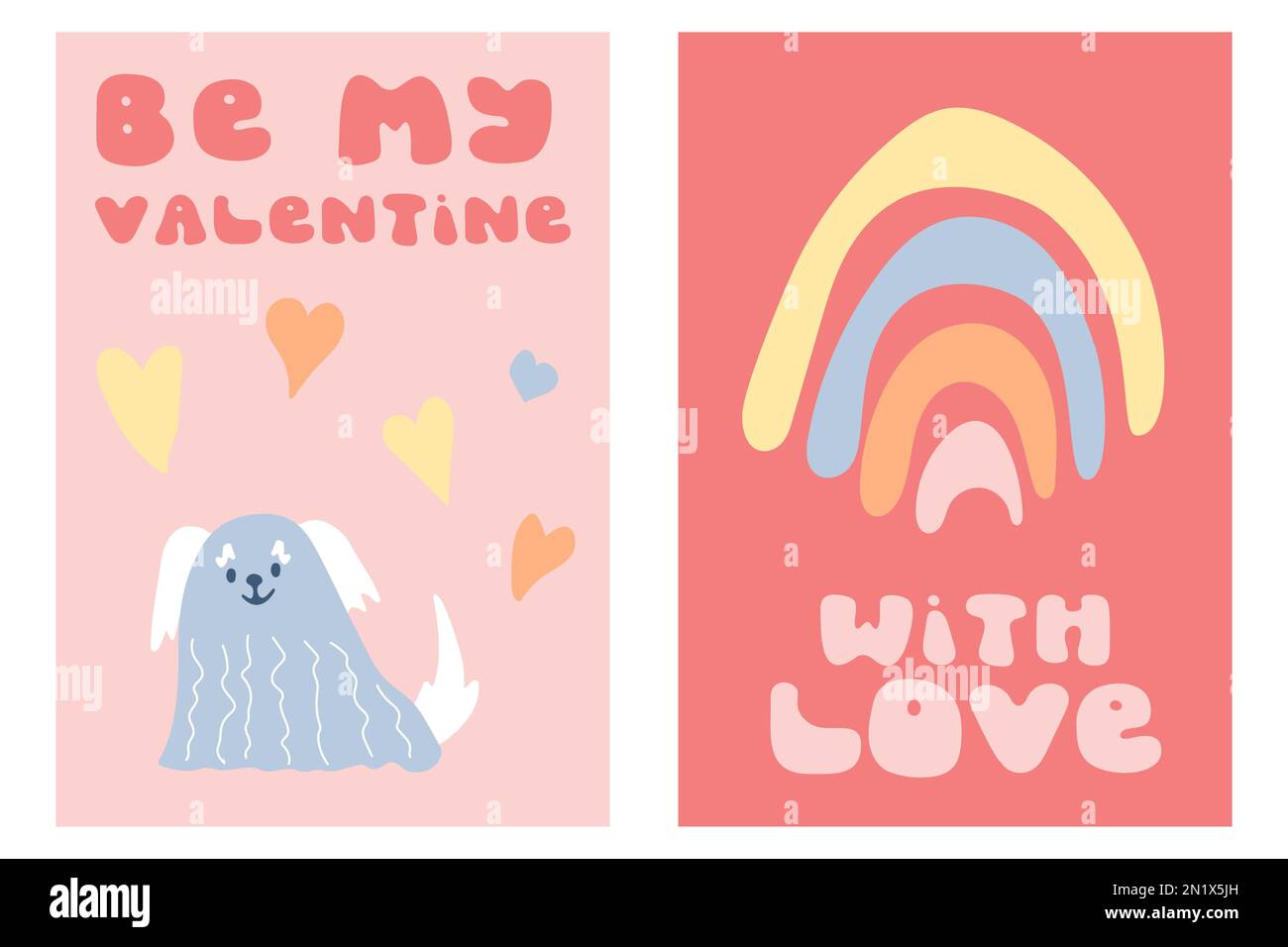 Sei mein valentinstag und mit Liebe Retro-groovy-Poster mit flauschigen Hundeherzen. 1970 Hippie-Vintage-Weihnachtskarten. Kinderzimmer im Innenbereich Stock Vektor
