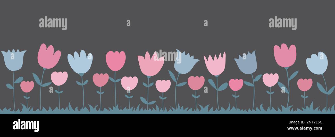 Frühlingsgarten mit hellen Blumen auf dunklem Hintergrund. Panorama-Darstellung von Tulpen. Stockfoto