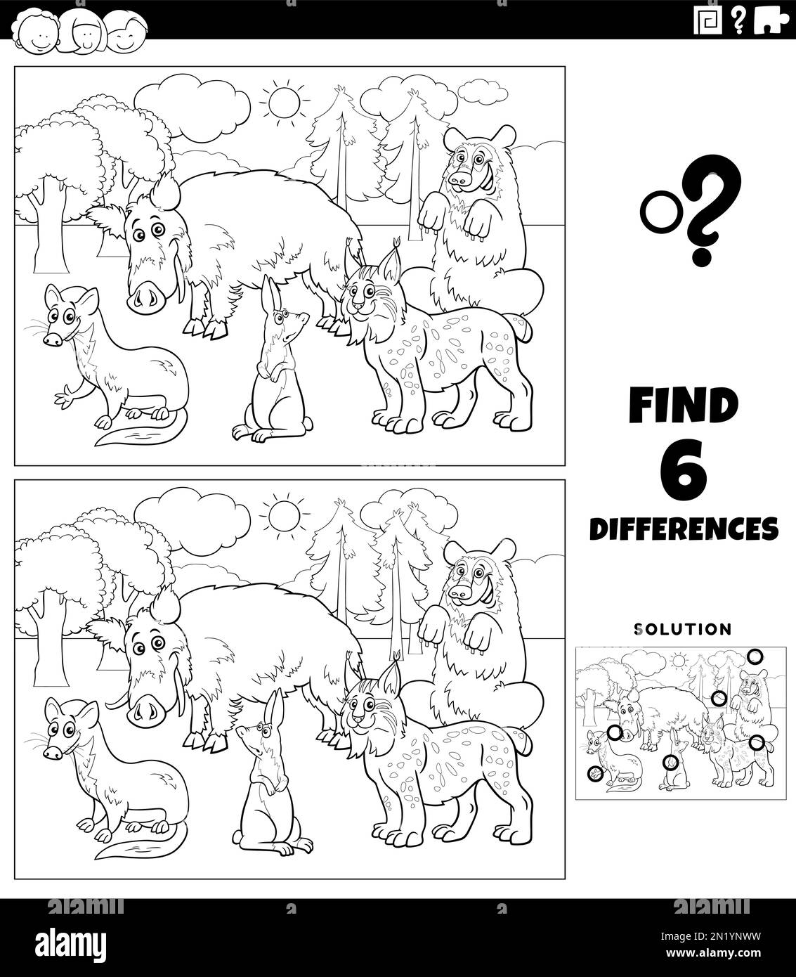 Schwarz-weiße Zeichentrickfilme, die zeigen, wie man die Unterschiede zwischen Bildern findet Lernspiel mit einer Seite zum Ausmalen von Wildtierfiguren Stock Vektor
