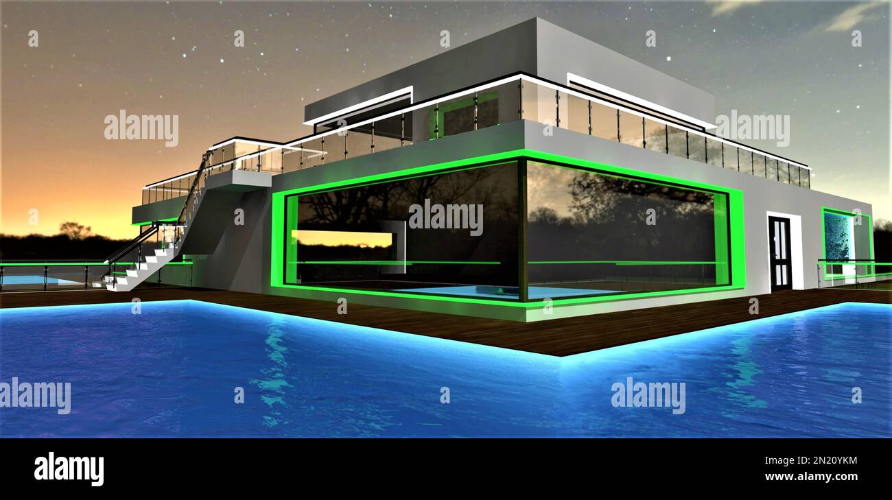 Fantastischer Abend auf dem Dach des gehobenen privaten Herrenhauses. Glühender Wasserpool auf der gemütlichen eingezäunten Terrasse mit Terrasse auf dem Boden. 3D-Rendering. Stockfoto