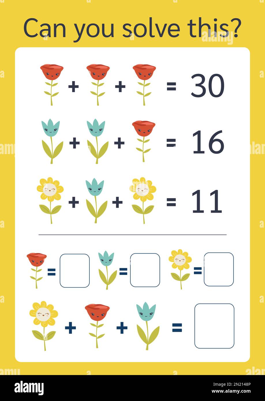 Mathematisches Rätsel, Vektorformat. Finden Sie die Antwort, Bildgleichungen. Rebus für Kinder und Erwachsene. Lernaufgabe, Hirntänzer, Blumenrechnen, Mathematik für Kinder, Vektor, leicht neu zu färben Stock Vektor