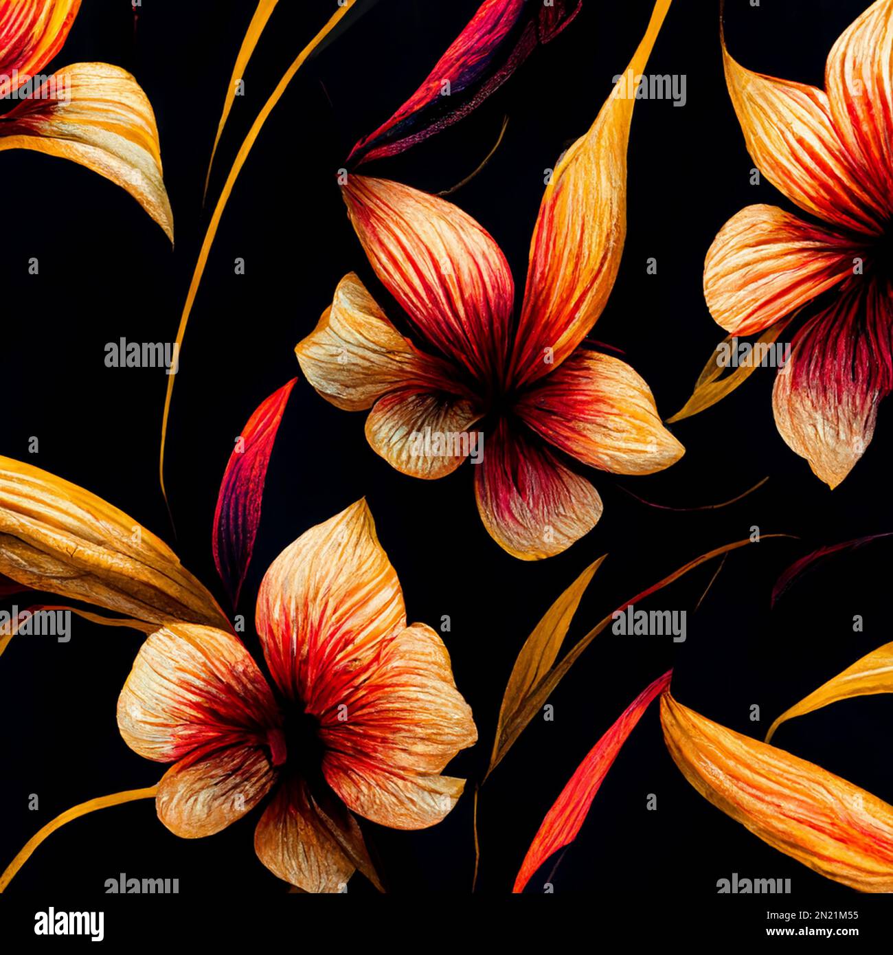 Eine von KI erzeugte Illustration eines wunderschönen orangefarbenen Blumenmusters auf dunklem Hintergrund Stockfoto