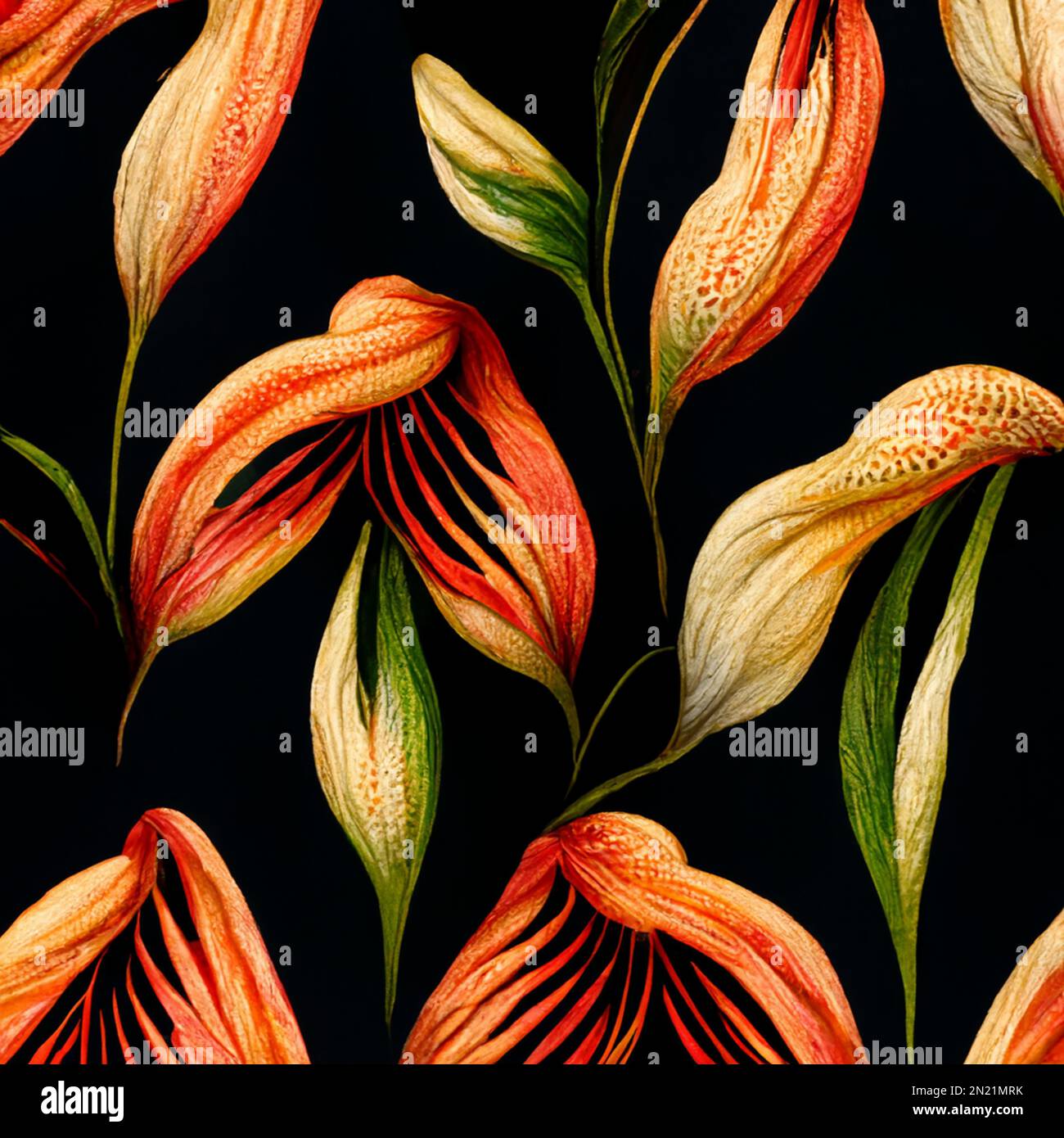 Eine von KI erzeugte Illustration eines wunderschönen orangefarbenen Blumenmusters auf dunklem Hintergrund Stockfoto