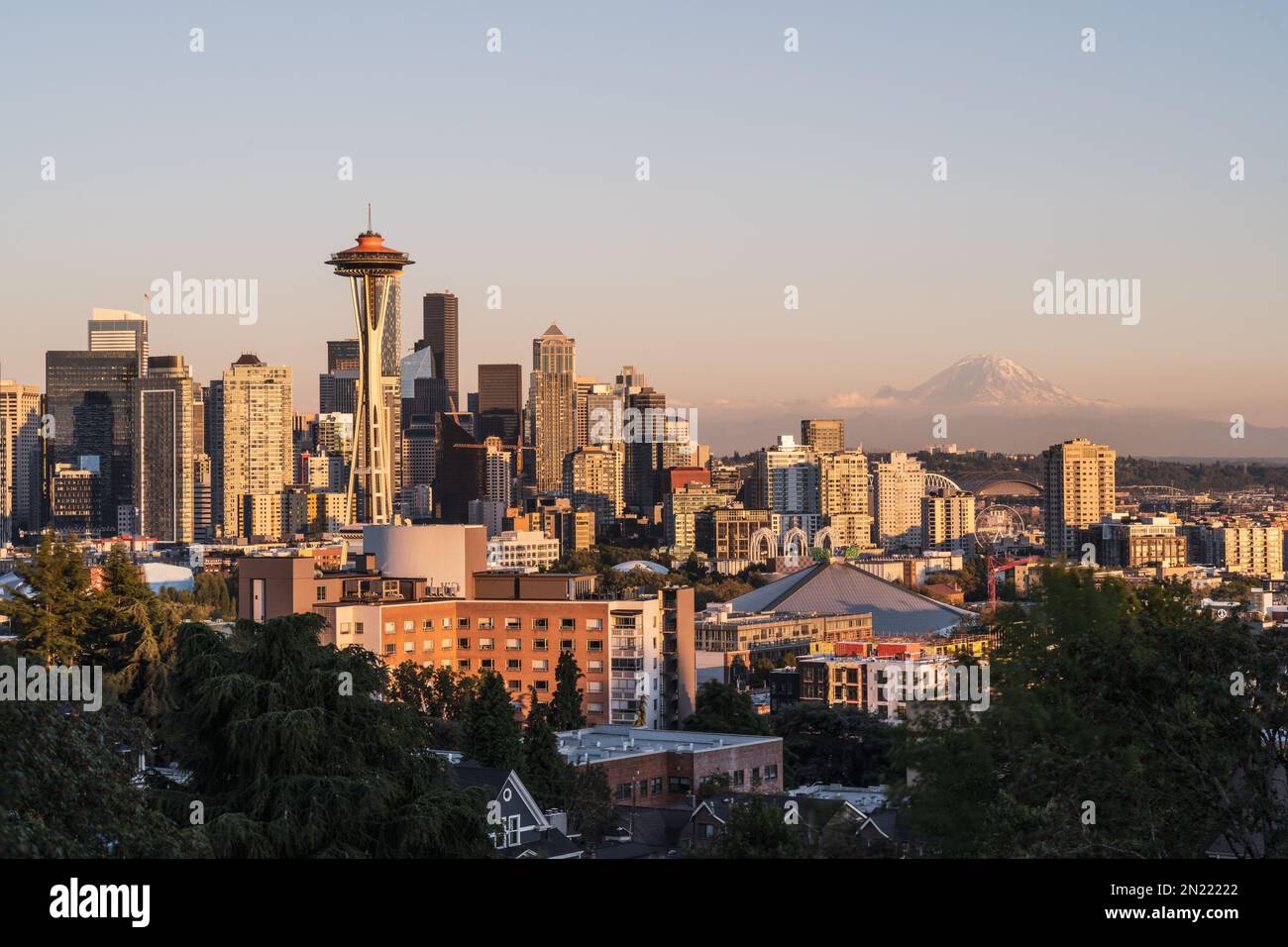 Skyline von Seattle in Golden Hour Stockfoto
