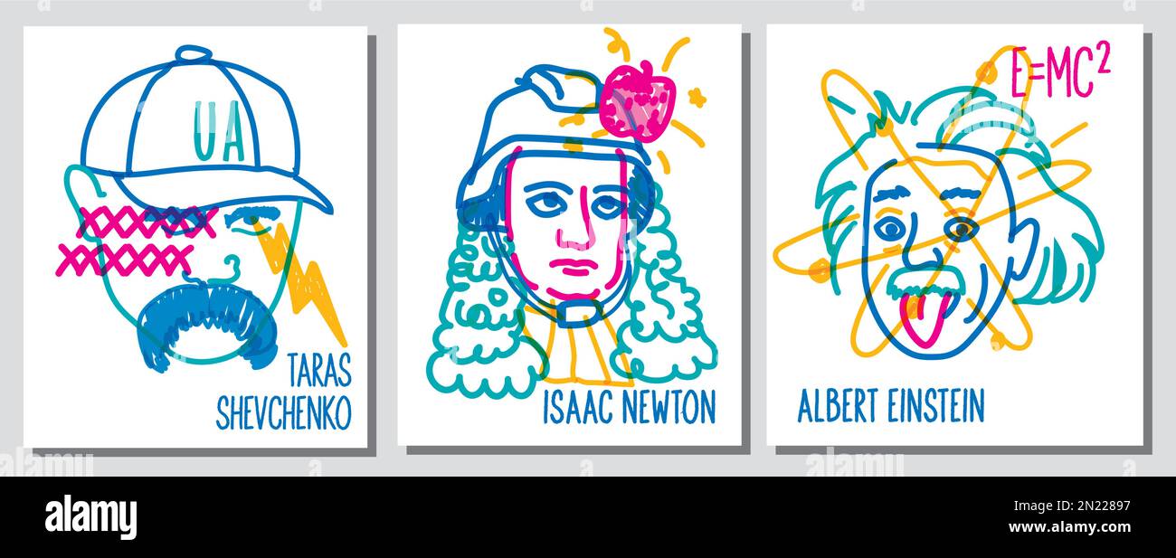 Plakatfarben Darstellung berühmter Persönlichkeiten, Albert Einstein, Isaak Newton, Taras Schewtschenko Stock Vektor