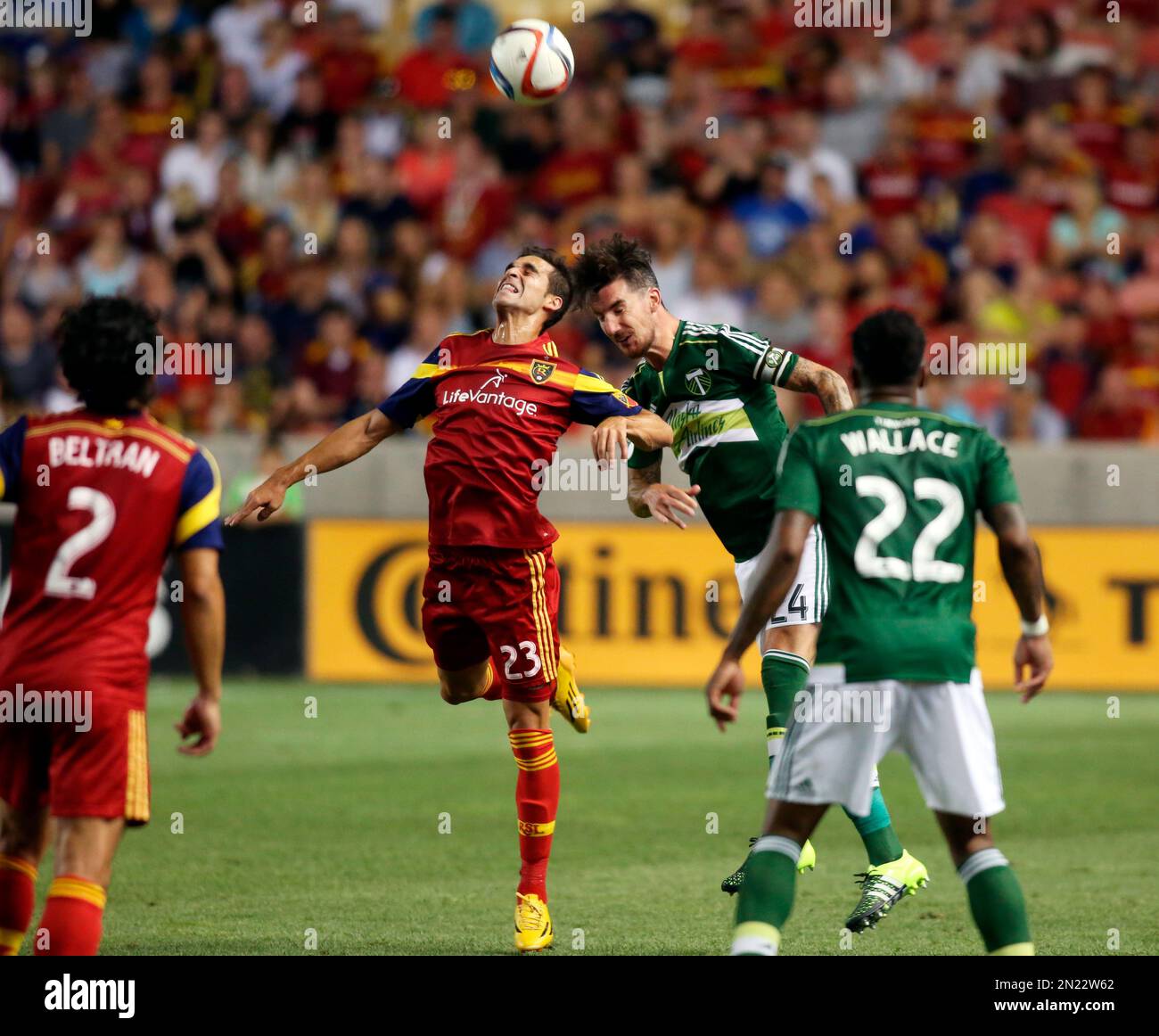 Real Salt Lake's Sebastian Jaime (23) and Portland Timbers' Liam Ridgewell (24) compete for a head ball during the second half of a U.S. Open Cup soccer match Wednesday, July 1, 2015, in Sandy, Utah. Real Salt Lake won 2-0. (AP Photo/Kim Raff) Stockfoto