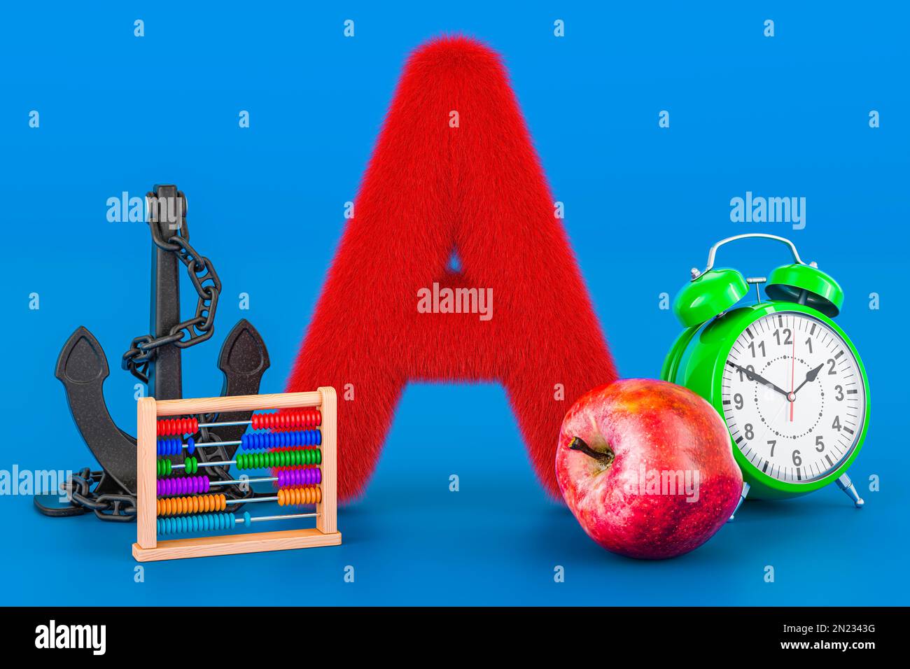 Kinder ABC, flauschiger Buchstabe A mit Apfel, Wecker, Abakkus, Akkordeon, Anker. 3D-Rendering auf blauem Hintergrund Stockfoto