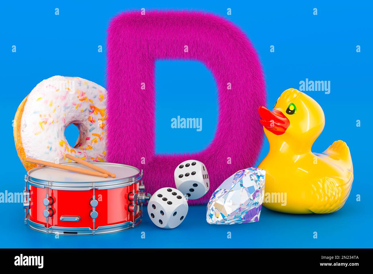 Kinder ABC, flauschiger Buchstabe D mit Gummiente, Trommel, Donut, Diamant, Würfel. 3D-Rendering auf blauem Hintergrund Stockfoto