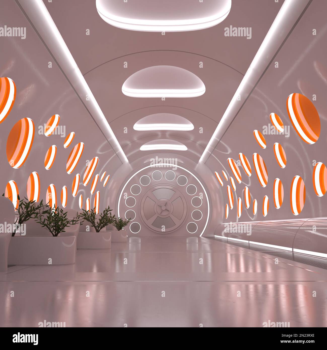 3D-Darstellung eines hellen und hellen Korridors auf einem Ischifi-Raumschiff Stockfoto
