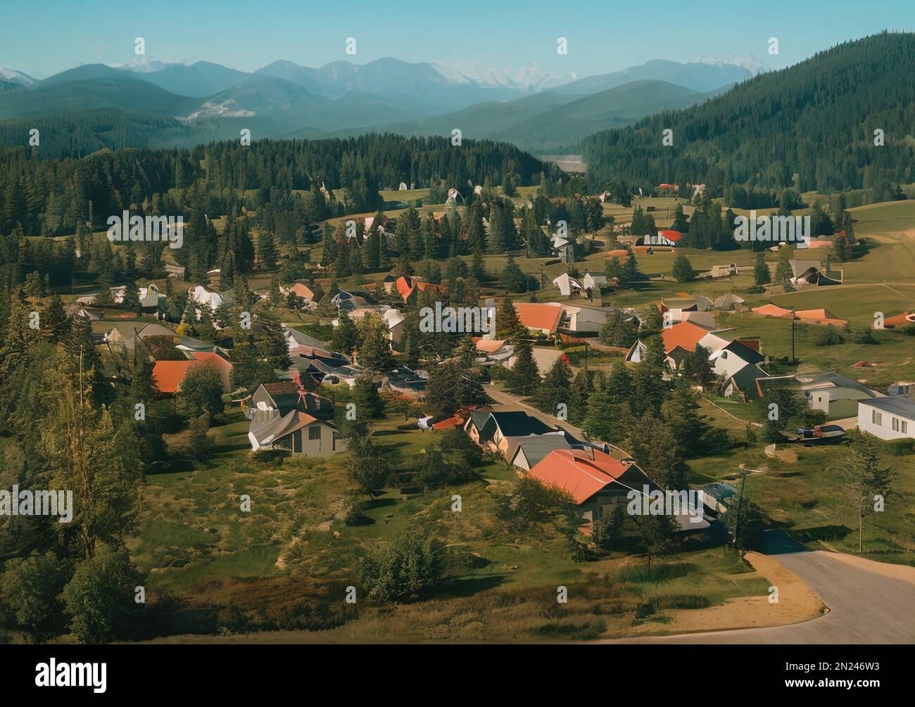 Eine künstliche Intelligenz erzeugte Illustration von Wohnhäusern und Bäumen in einer Nachbarschaft mit Feldern Stockfoto