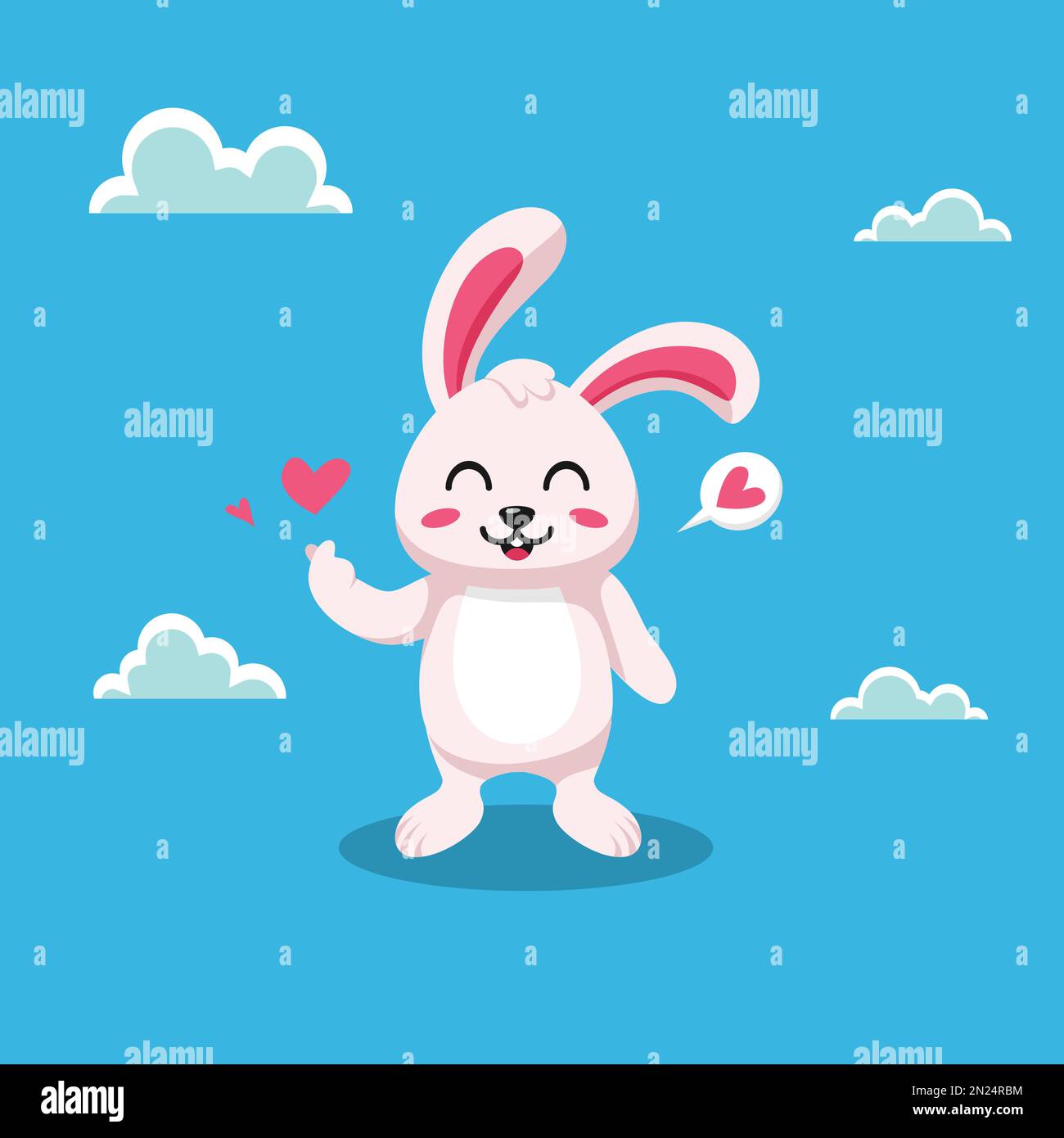 Flache Illustration eines Hasen mit koreanischem Liebesfingerzeichen. Valentinstag-Vektorabbildung. Stock Vektor