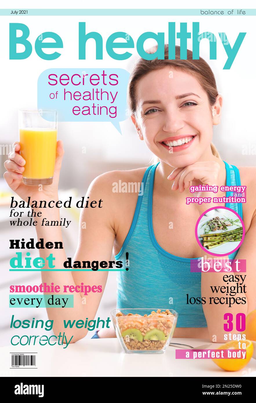 Be Healthy Magazin Cover Design. Junge schlanke Frau, die ein gesundes Frühstück hat Stockfoto