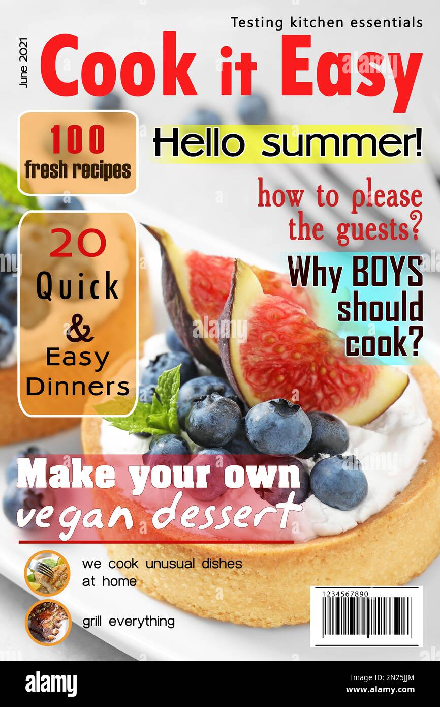 Coverdesign des Magazins Cook IT Easy. Torte mit Blaubeeren und Feigen auf dem Tisch Stockfoto