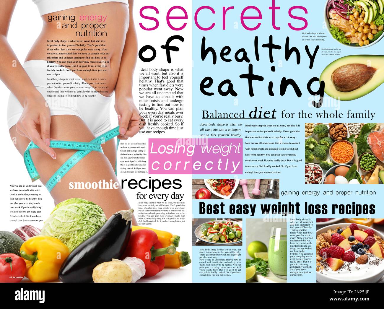 Be Healthy Magazin Seite Spread Design. Artikel und verschiedene Bilder Stockfoto
