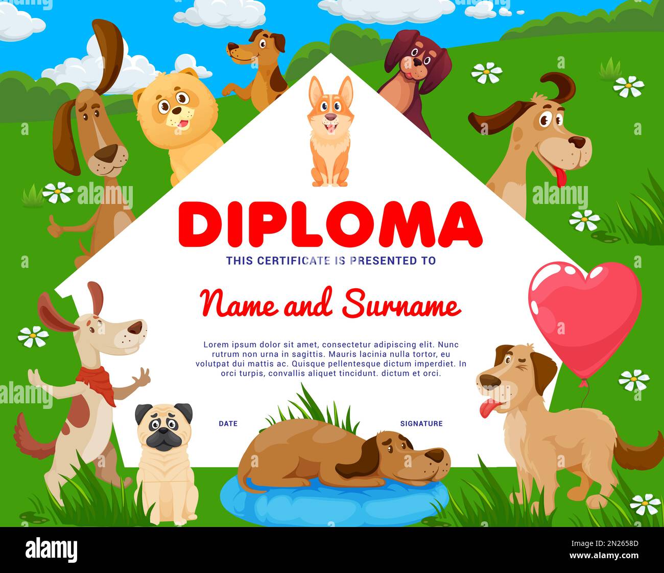 Kinder Diplom Cartoon Hunde und Welpen. Nimm dir ein Hundevektorzertifikat mit niedlichen lustigen Haustieren an, die auf dem Green Field spielen. Design der Briefvorlage für den Rahmen, die Einladung oder die Anerkennung von Tierheimen Stock Vektor