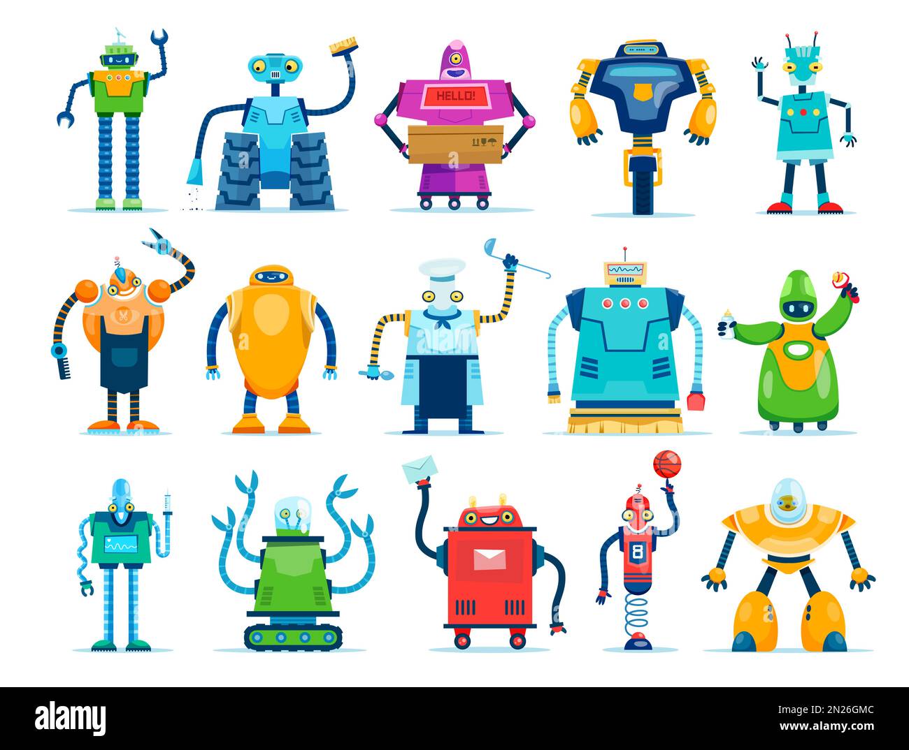 Cartoon-Roboter sind Charaktere, Vektor-Cyborgs und Droiden mit freundlichen Gesichtern. Künstliche Intelligenz isolierte Androiden und Humanoide mit Armen und Rädern, Smart-ai-Bots-Technologie, Comic-Roboter-Persönlichkeiten Stock Vektor