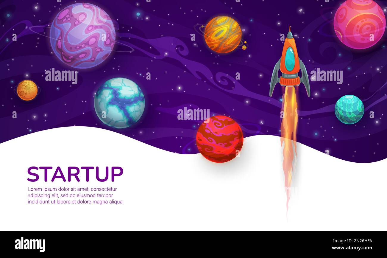 Start-up-Projekt für Unternehmen. Rocketship-Start und Galaxie-Raumplaneten. Layout der Startup-Startseite oder Cartoon-Hintergrund, Vektorvorlage für die Website eines Unternehmensprojekts, Homepage für soziale Medien des Unternehmens Stock Vektor