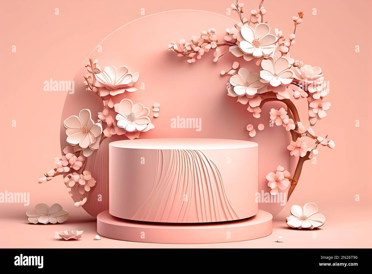 Eine von KI erzeugte Illustration eines wunderschönen pinkfarbenen Podiums mit Blumen- und Vorhangmustern Stockfoto
