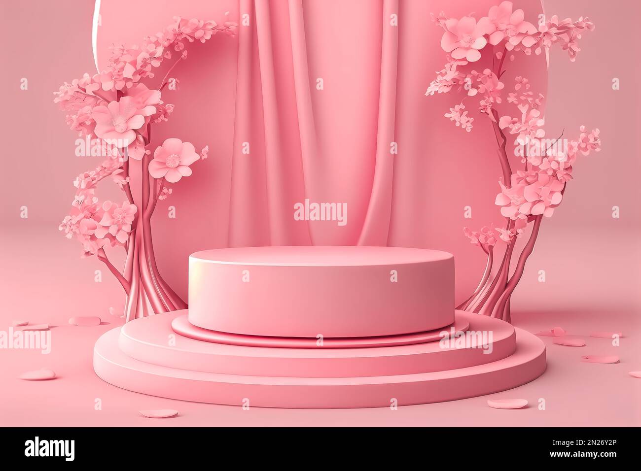 Eine von KI erzeugte Illustration eines wunderschönen pinkfarbenen Podiums mit Blumen- und Vorhangmustern Stockfoto