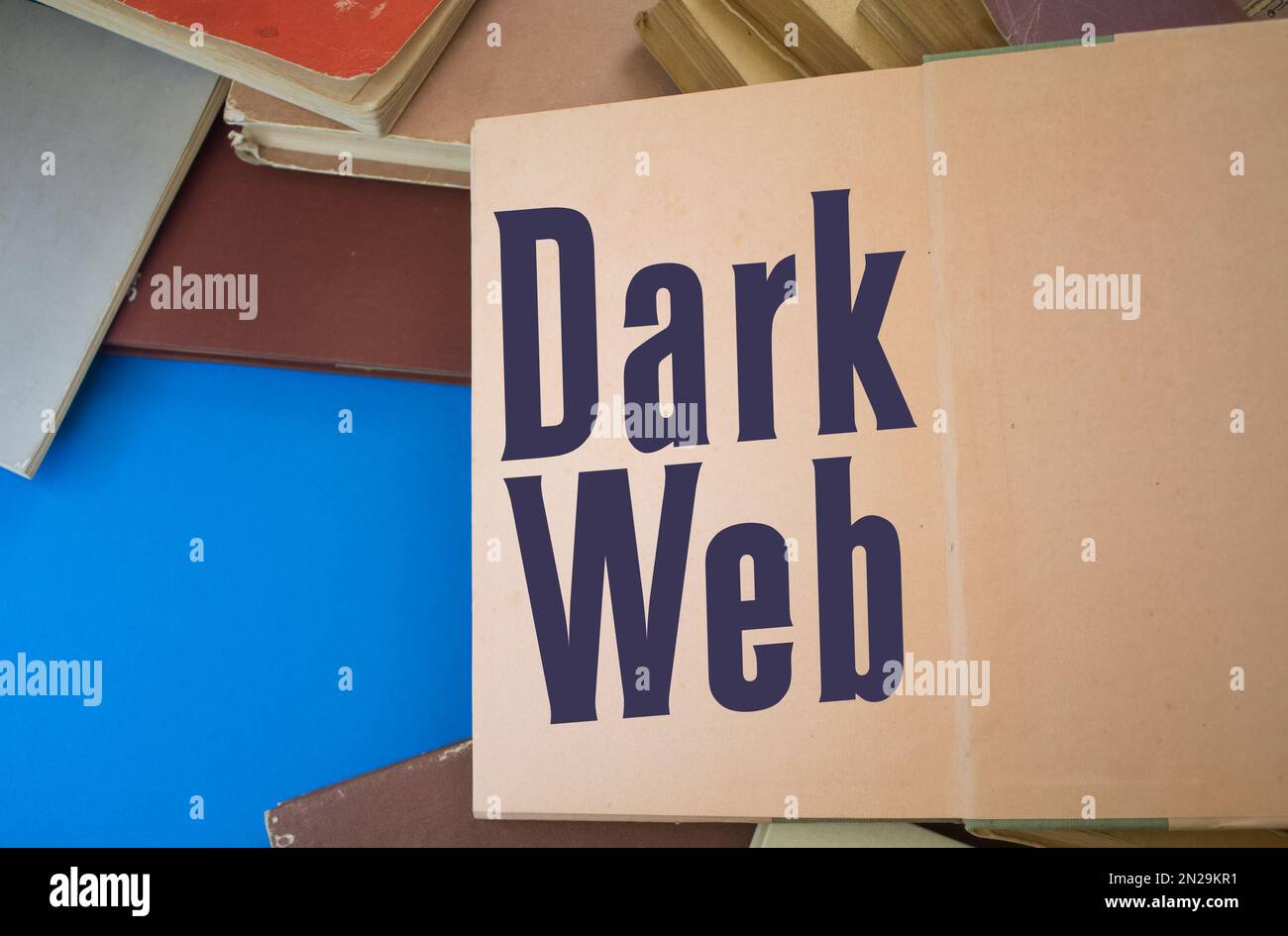 Dunkles Webwort in einem offenen Buch mit alten, natürlichen Mustern und altem Papierdesign. Stockfoto