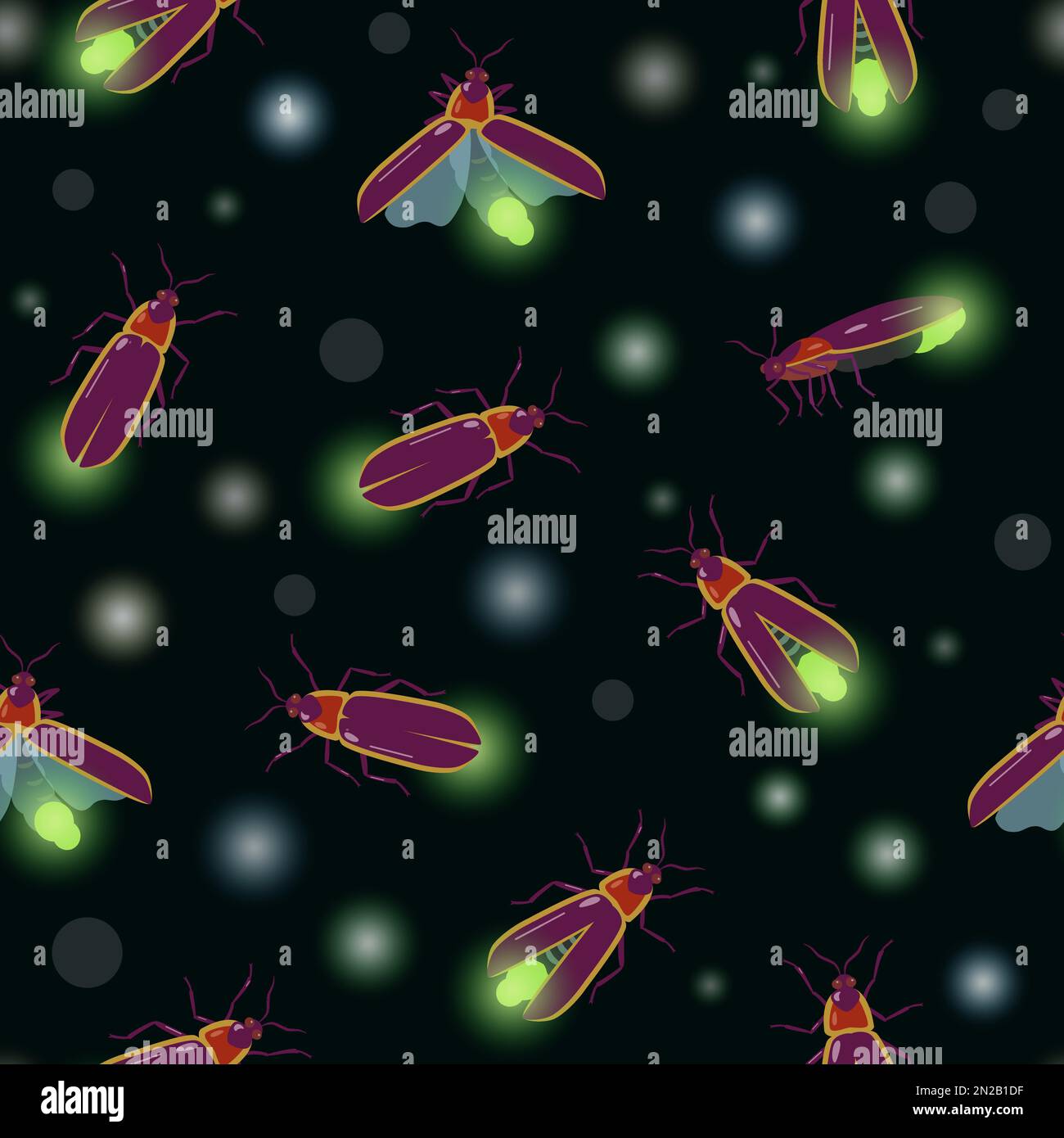 Nahtloses Muster mit Glühwürmchen-Insekten, die aus verschiedenen Winkeln fliegen. Vektortextur für Konstruktion. Stock Vektor