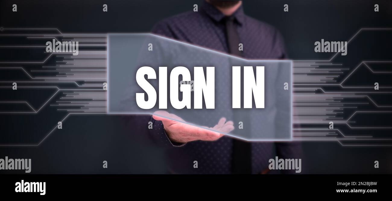 Das Schild zeigt die Anmeldung an. Wort für, um Ihren Namen auf ein Formular zu schreiben, wenn Sie einen Ort betreten oder verlassen Stockfoto