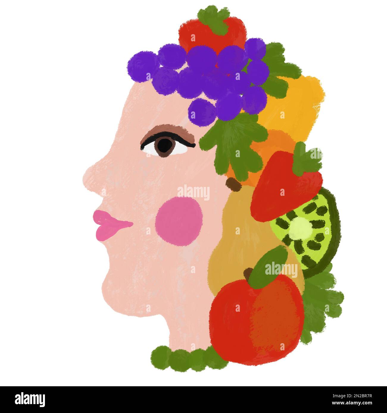 Handgezeichnete Künstlerdarstellung einer Frau mit verschiedenen Früchten. Grüne Verpackungspackung für frische Lebensmittel aus biologischem Anbau Logo-Schild, Apfeltrauben Erdbeere Kiwi vegane vegetarische Produkte, lockere Zeichnung im Lackstil Stockfoto